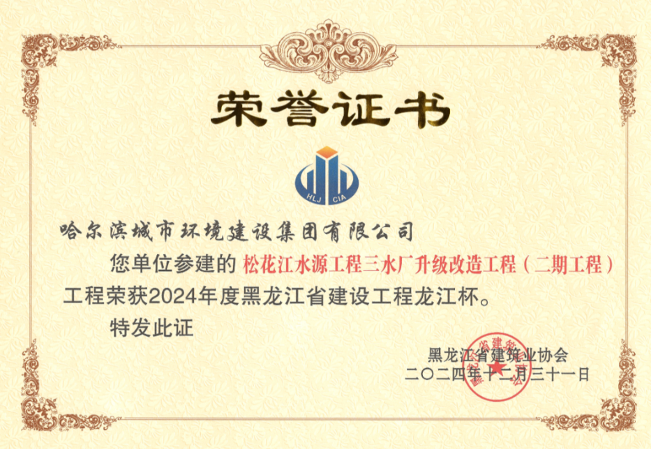 喜报丨bv伟德国际体育官方网站松花江水源工程三水厂升级改造工程（二期工程）荣获黑龙江省建设工程龙江杯！